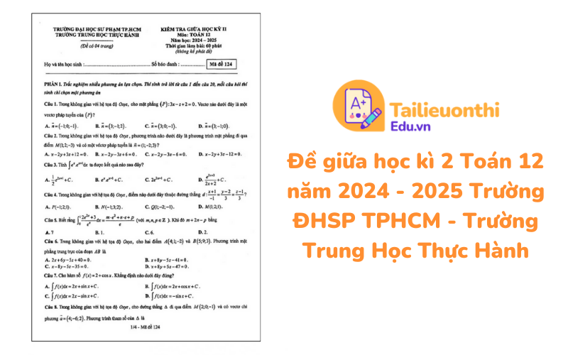 Đề giữa học kì 2 Toán 12 năm 2024 - 2025 Trường Trung Học Thực Hành ĐHSP TPHCM